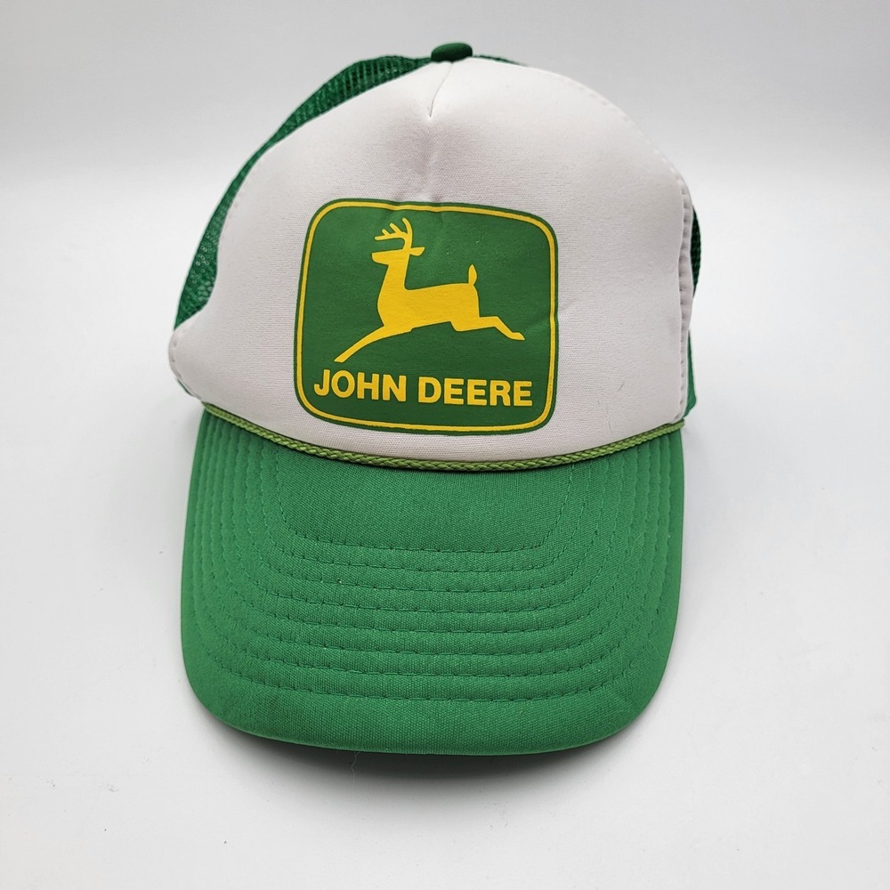 Vtg John Deere‎ Nissun Snapback Trucker Hat White Foam Front Green Mesh Back